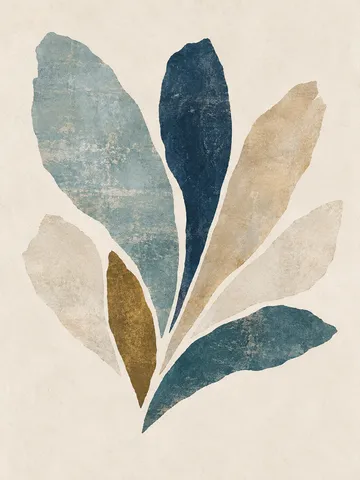 A fan of tapering strokes in cream, green, stone, gray; portrait artwork.