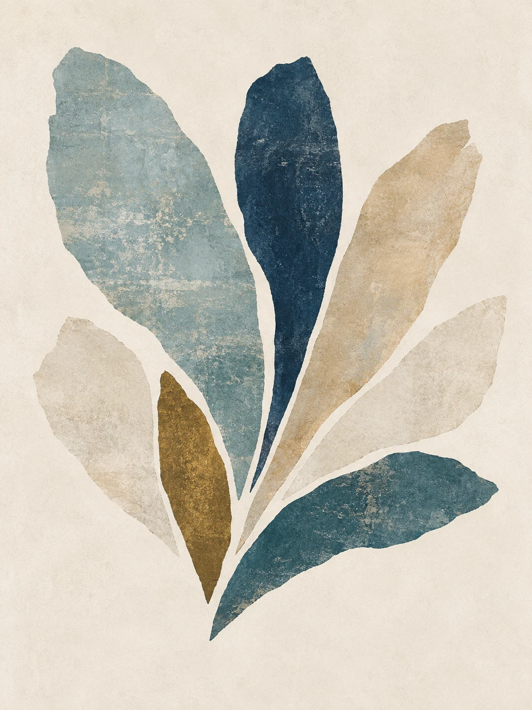A fan of tapering strokes in cream, green, stone, gray; portrait artwork.