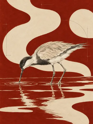 A sandpiper at the water line in rust, cream, taupe, stone; portrait artwork.