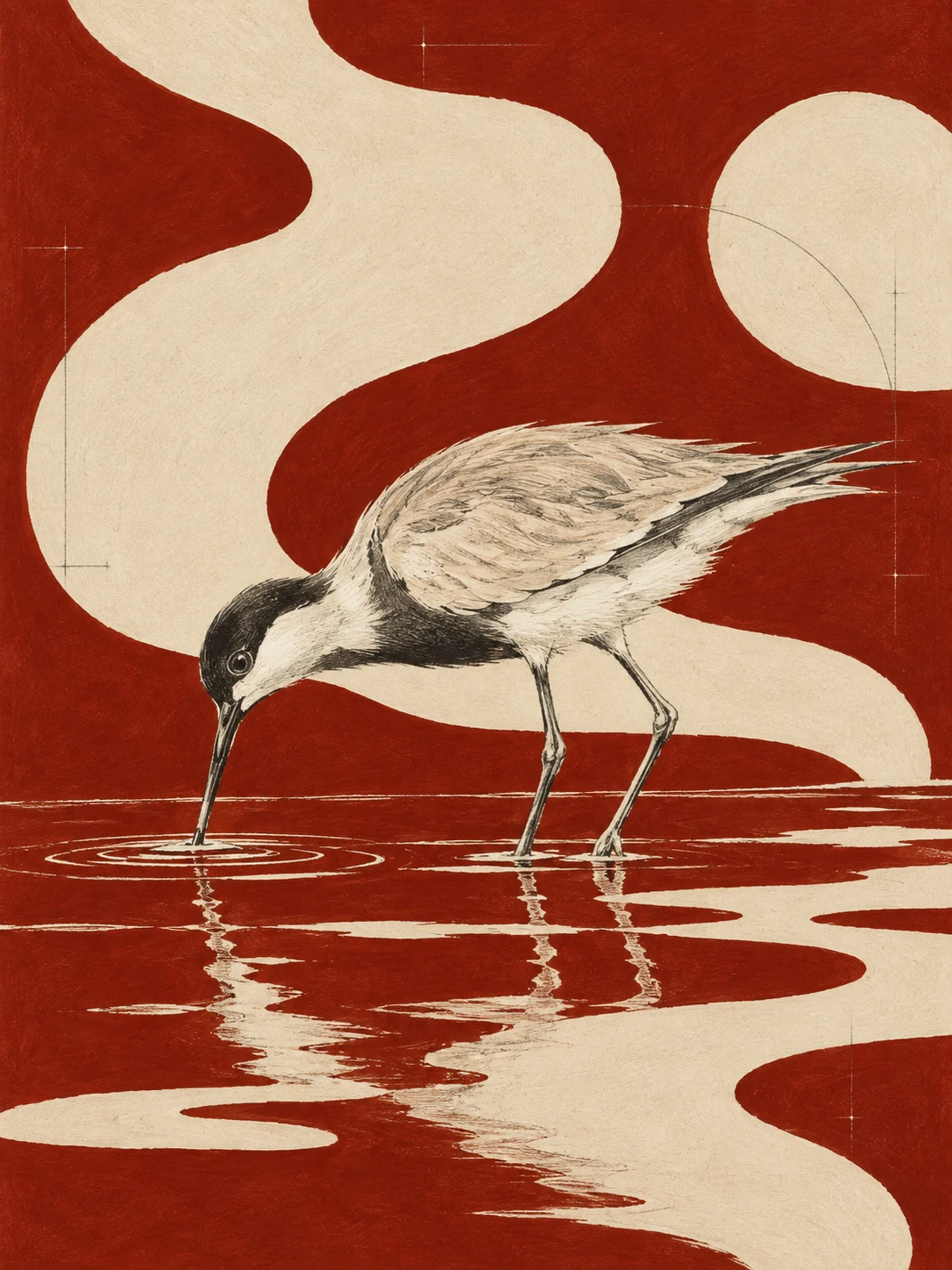 A sandpiper at the water line in rust, cream, taupe, stone; portrait artwork.