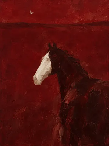 A horse in profile in burgundy, black; portrait artwork.