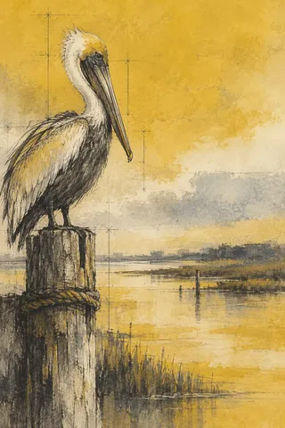 A pelican on a piling in sand, yellow, cream, olive; portrait artwork.