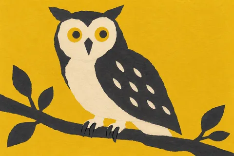An owl on a branch in yellow, charcoal, taupe; landscape artwork.
