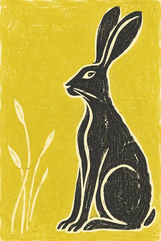 A hare sitting upright in yellow, charcoal, sand; portrait artwork.