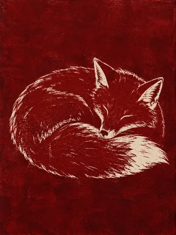 A fox curled asleep in burgundy, terracotta; portrait artwork.