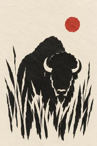 A bison in tall grass in cream, black, taupe, stone; portrait artwork.