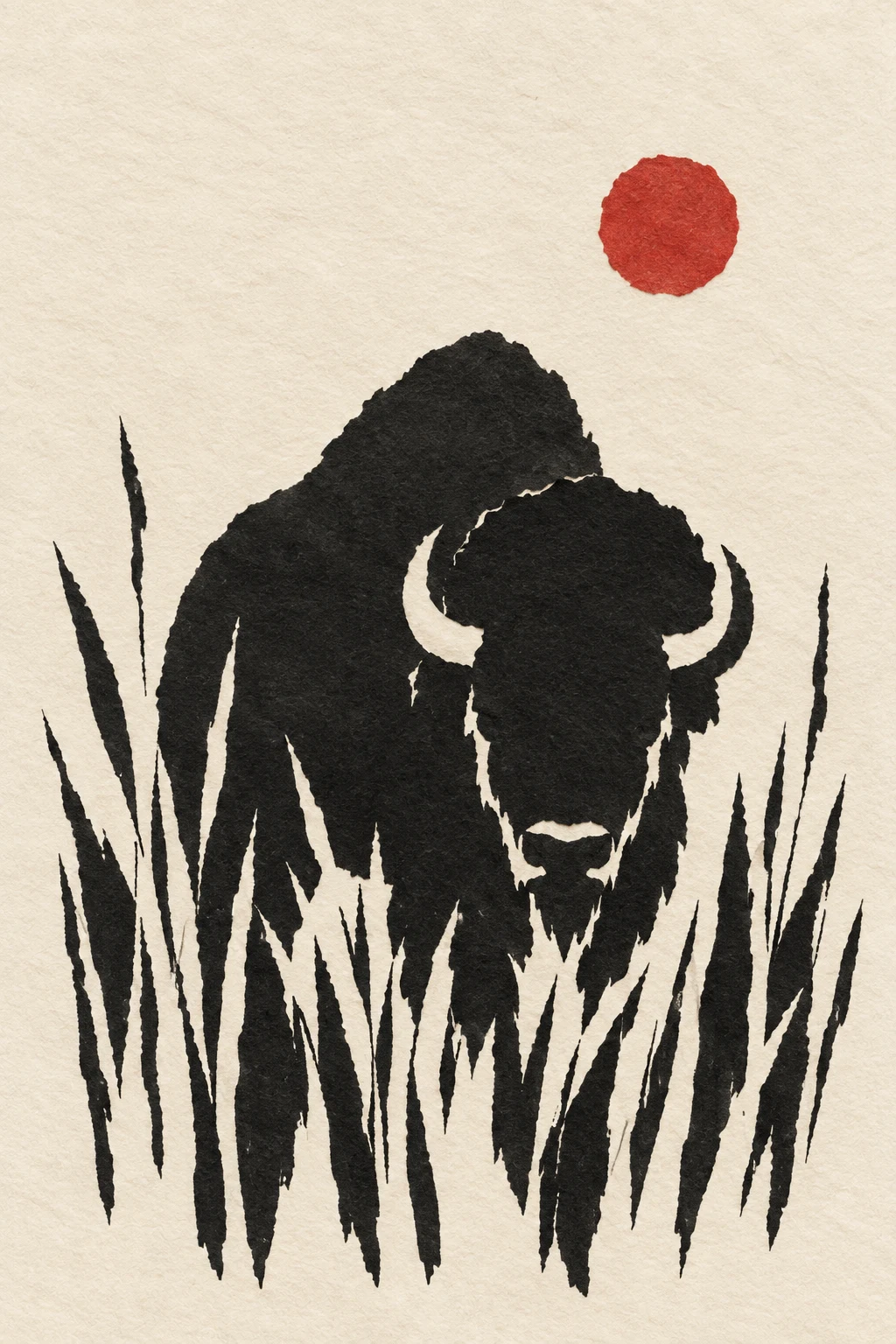 A bison in tall grass in cream, black, taupe, stone; portrait artwork.