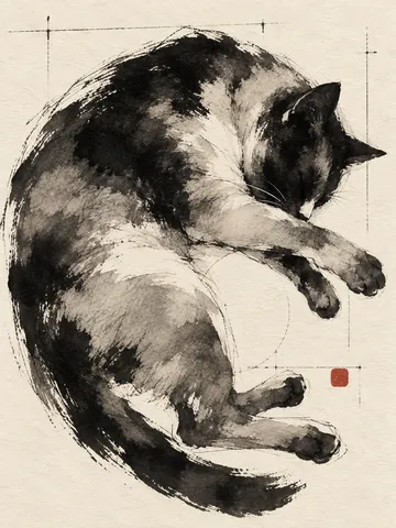 A sleeping cat in cream, black, sand, charcoal; portrait artwork.