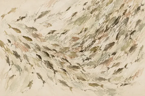 A school of small fish as a wave of marks in cream, stone, sand, taupe; landscape artwork.