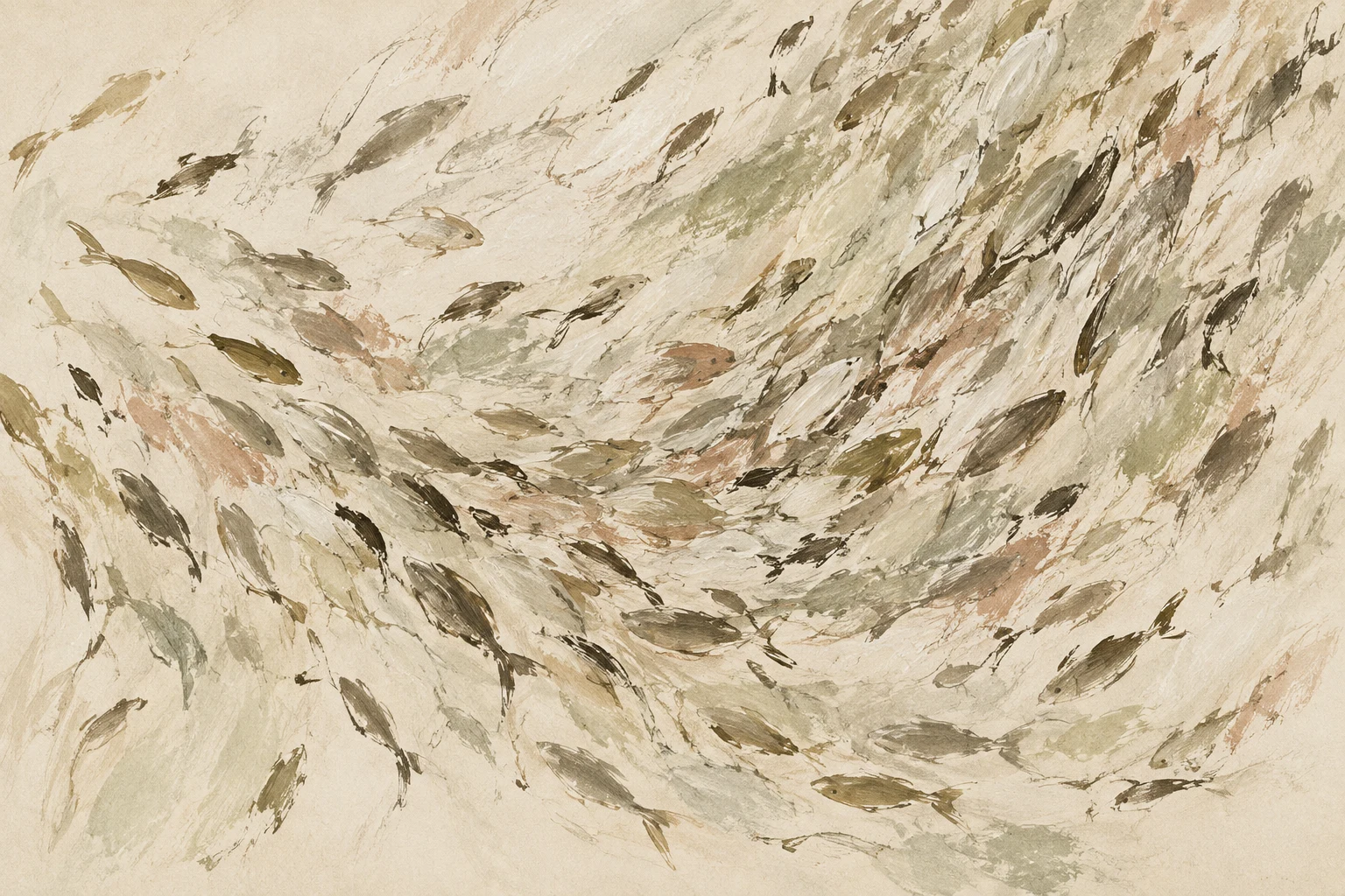 A school of small fish as a wave of marks in cream, stone, sand, taupe; landscape artwork.