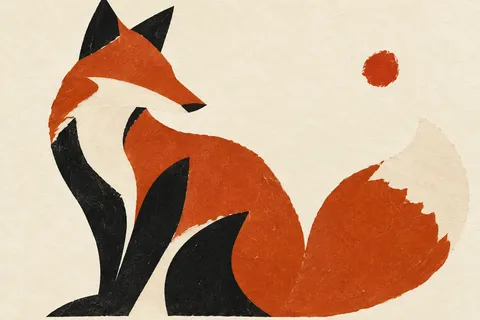 A fox as a rust silhouette on cream in cream, terracotta, black, red; landscape artwork.