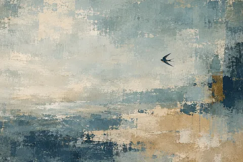 A swallow in flight in stone, gray, cream, green; landscape artwork.