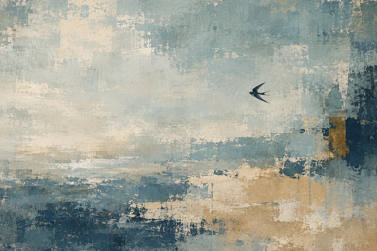 A swallow in flight in stone, gray, cream, green; landscape artwork.