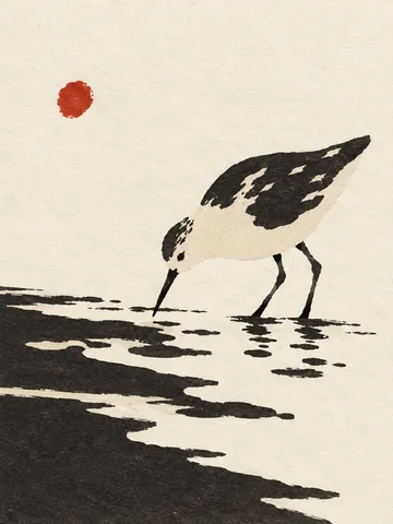 A sandpiper at the water line in cream, black, white, stone; portrait artwork.
