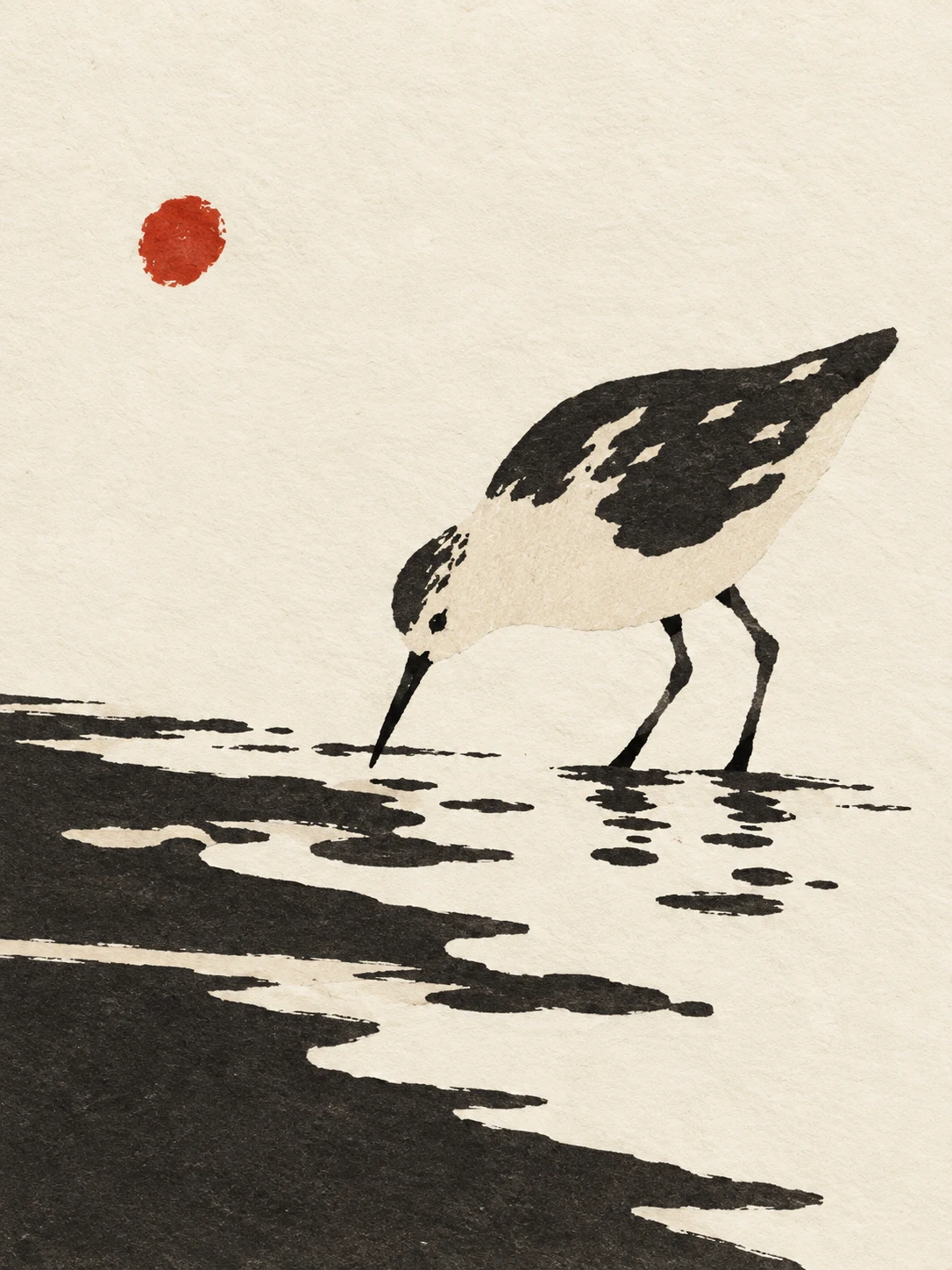 A sandpiper at the water line in cream, black, white, stone; portrait artwork.
