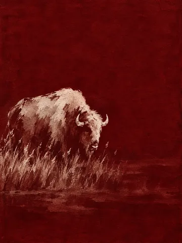 A bison in tall grass in burgundy, taupe; portrait artwork.