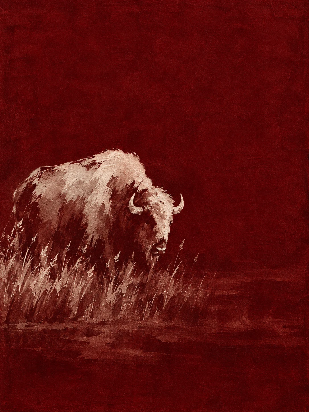 A bison in tall grass in burgundy, taupe; portrait artwork.