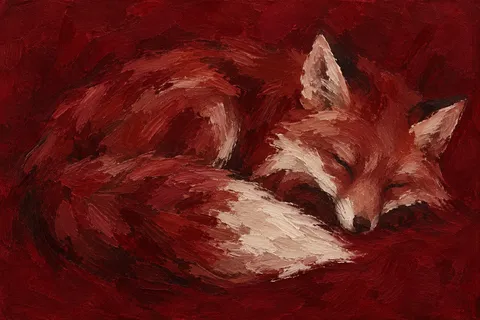 A fox curled asleep in burgundy, rust, black, taupe; landscape artwork.