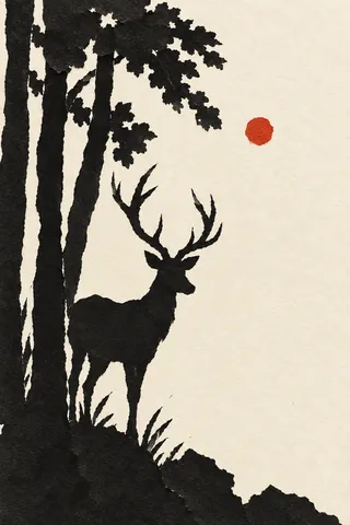 A deer at the edge of trees in cream, black, white, gray; portrait artwork.