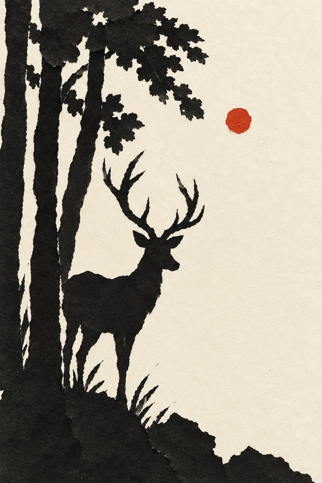 A deer at the edge of trees in cream, black, white, gray; portrait artwork.