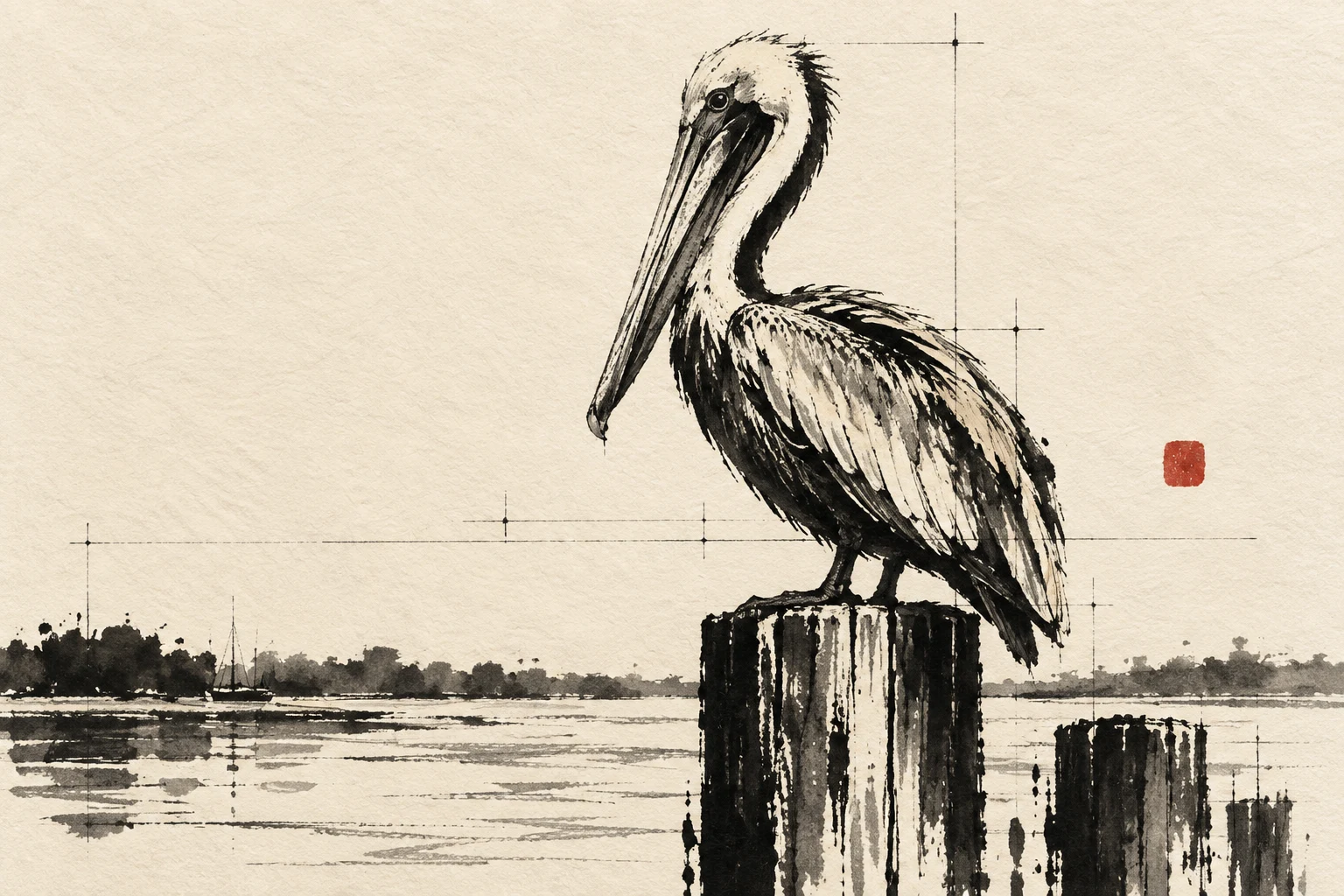 A pelican on a piling in cream, charcoal, gray; landscape artwork.