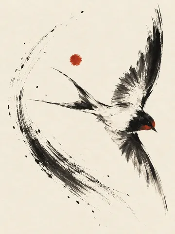 A swallow in flight in white, taupe, cream; portrait artwork.