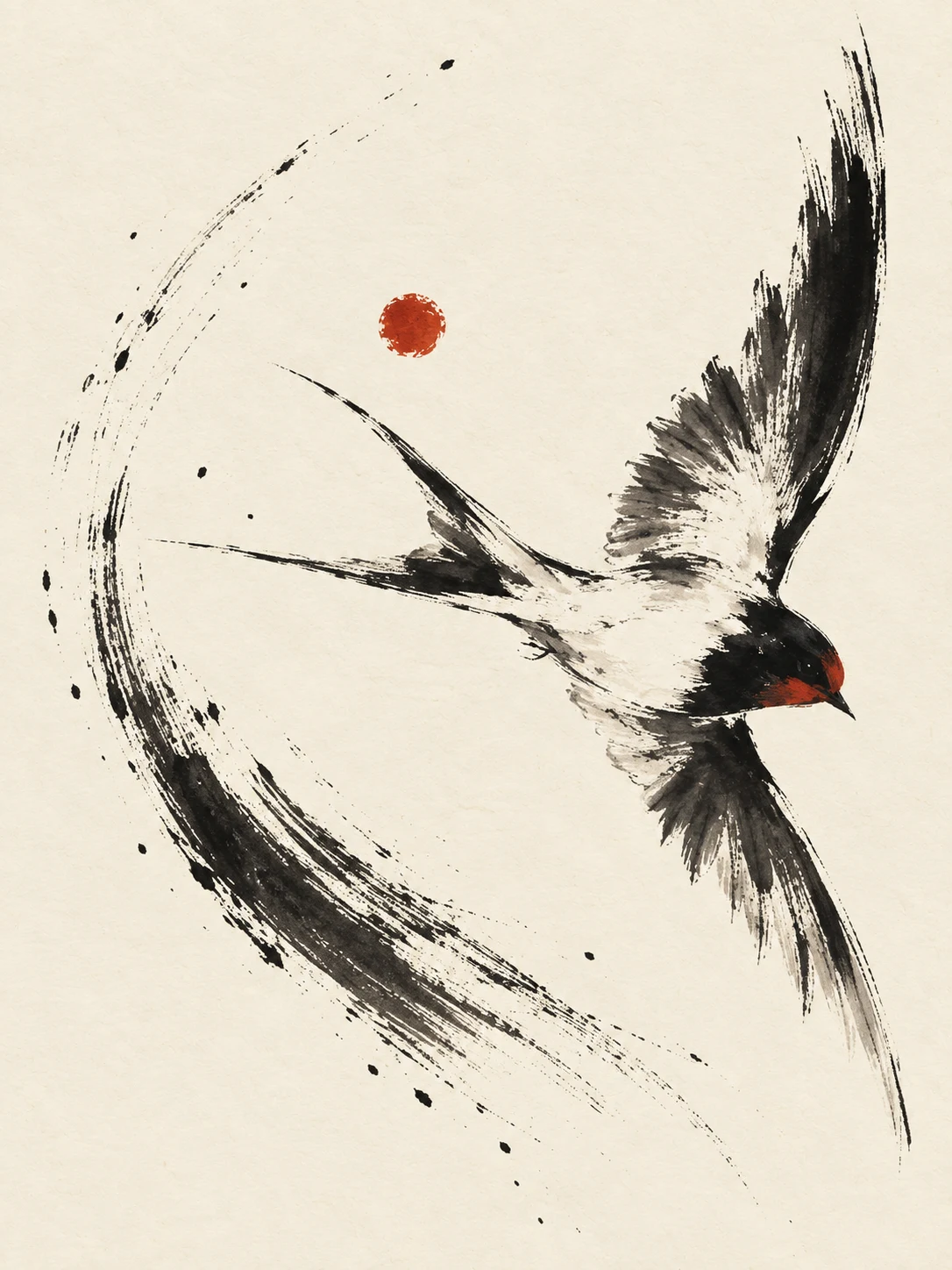 A swallow in flight in white, taupe, cream; portrait artwork.