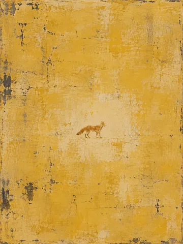 A fox as a rust silhouette on cream in sand, ochre; portrait artwork.
