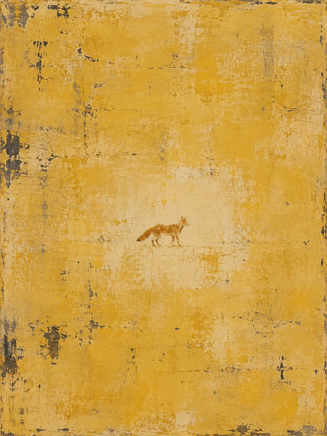 A fox as a rust silhouette on cream in sand, ochre; portrait artwork.