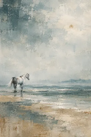 A single white horse standing small on a vast field in gray, cream, stone, sand; portrait artwork.