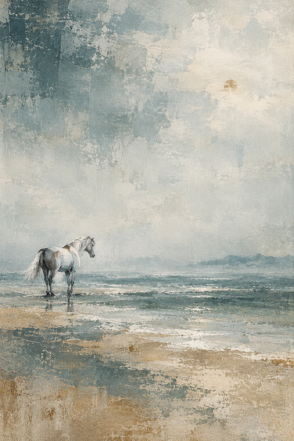 A single white horse standing small on a vast field in gray, cream, stone, sand; portrait artwork.