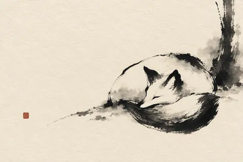 A fox curled asleep in cream, charcoal, stone; landscape artwork.