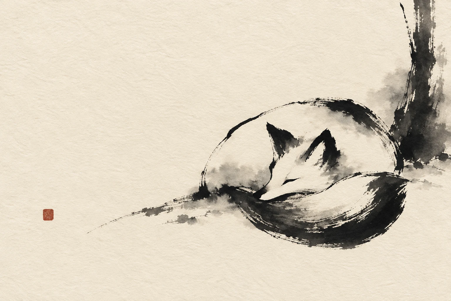 A fox curled asleep in cream, charcoal, stone; landscape artwork.