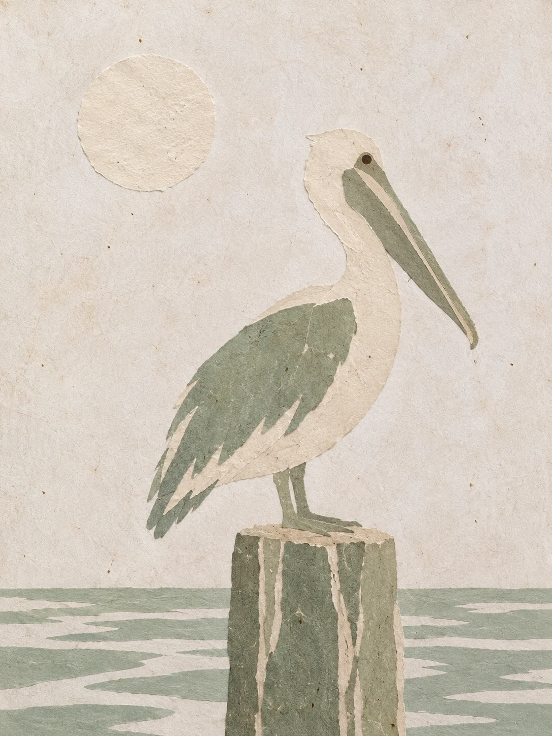 A pelican on a piling in cream, sand, sage, stone; portrait artwork.