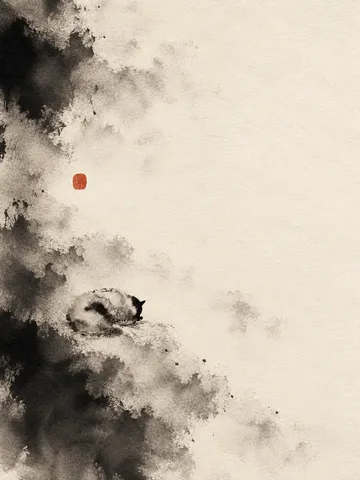 A fox curled asleep in cream, black, stone, taupe; portrait artwork.