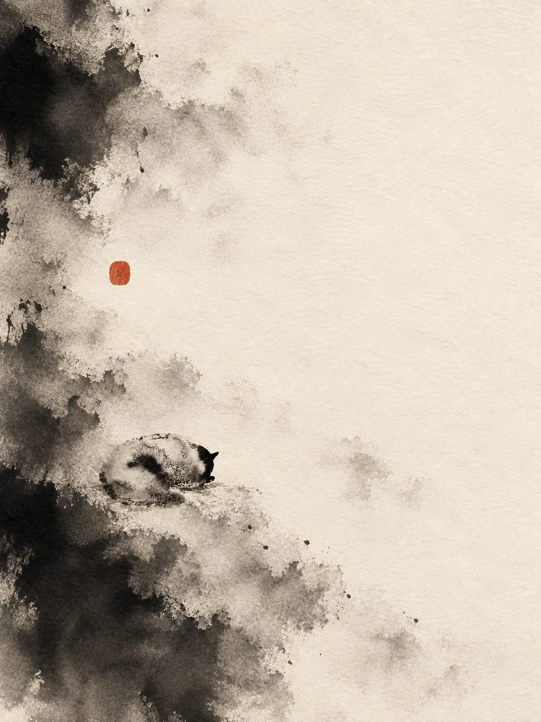 A fox curled asleep in cream, black, stone, taupe; portrait artwork.