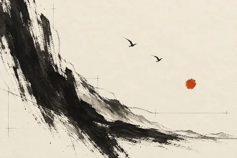 Two birds in flight, tiny, on a vast field in cream, black, olive; landscape artwork.