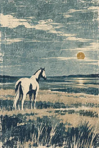 A single white horse standing small on a vast field in gray, charcoal, sand, taupe; portrait artwork.
