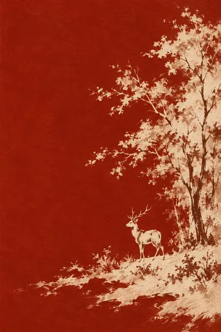 A deer at the edge of trees in rust, sand, ochre; portrait artwork.