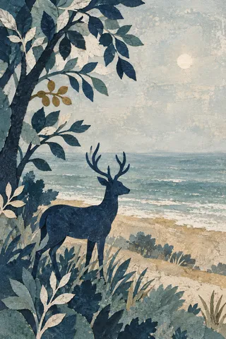 A deer at the edge of trees in gray, stone, navy, cream; portrait artwork.