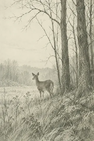 A deer at the edge of trees in cream, stone, taupe, sand; portrait artwork.