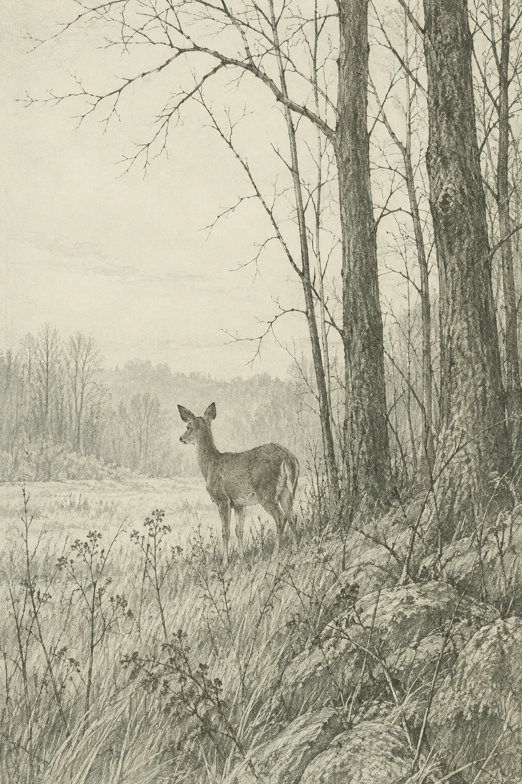 A deer at the edge of trees in cream, stone, taupe, sand; portrait artwork.