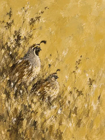 A pair of quail in sand, taupe, ochre, brown; portrait artwork.