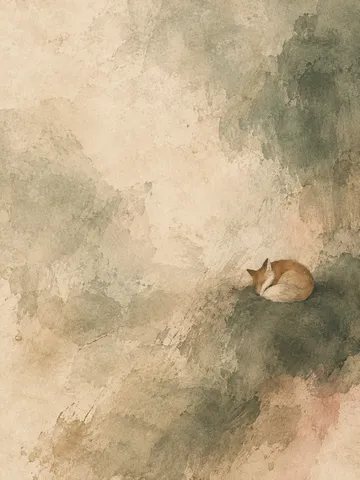 A fox curled asleep in cream, stone, sand, sage; portrait artwork.