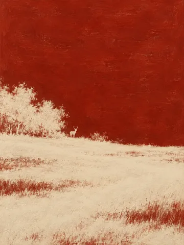 A deer at the edge of trees in rust, stone, cream, ochre; portrait artwork.