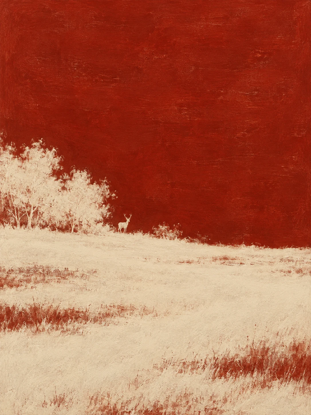 A deer at the edge of trees in rust, stone, cream, ochre; portrait artwork.
