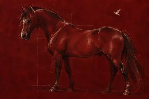 A horse in profile in burgundy, black; landscape artwork.