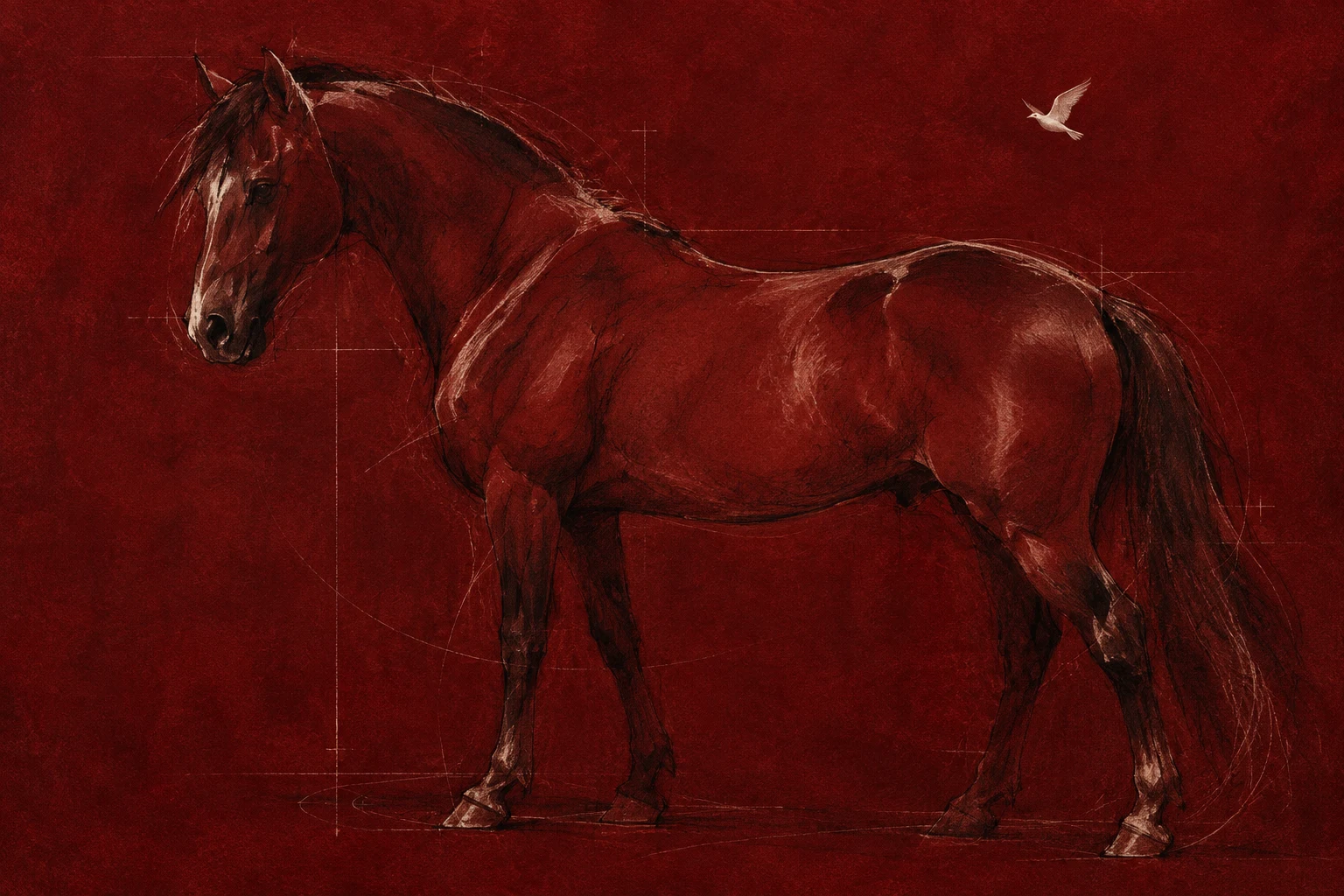 A horse in profile in burgundy, black; landscape artwork.