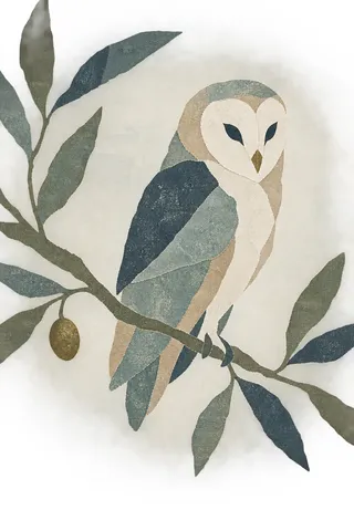 An owl on a branch in cream, white, gray, charcoal; portrait artwork.