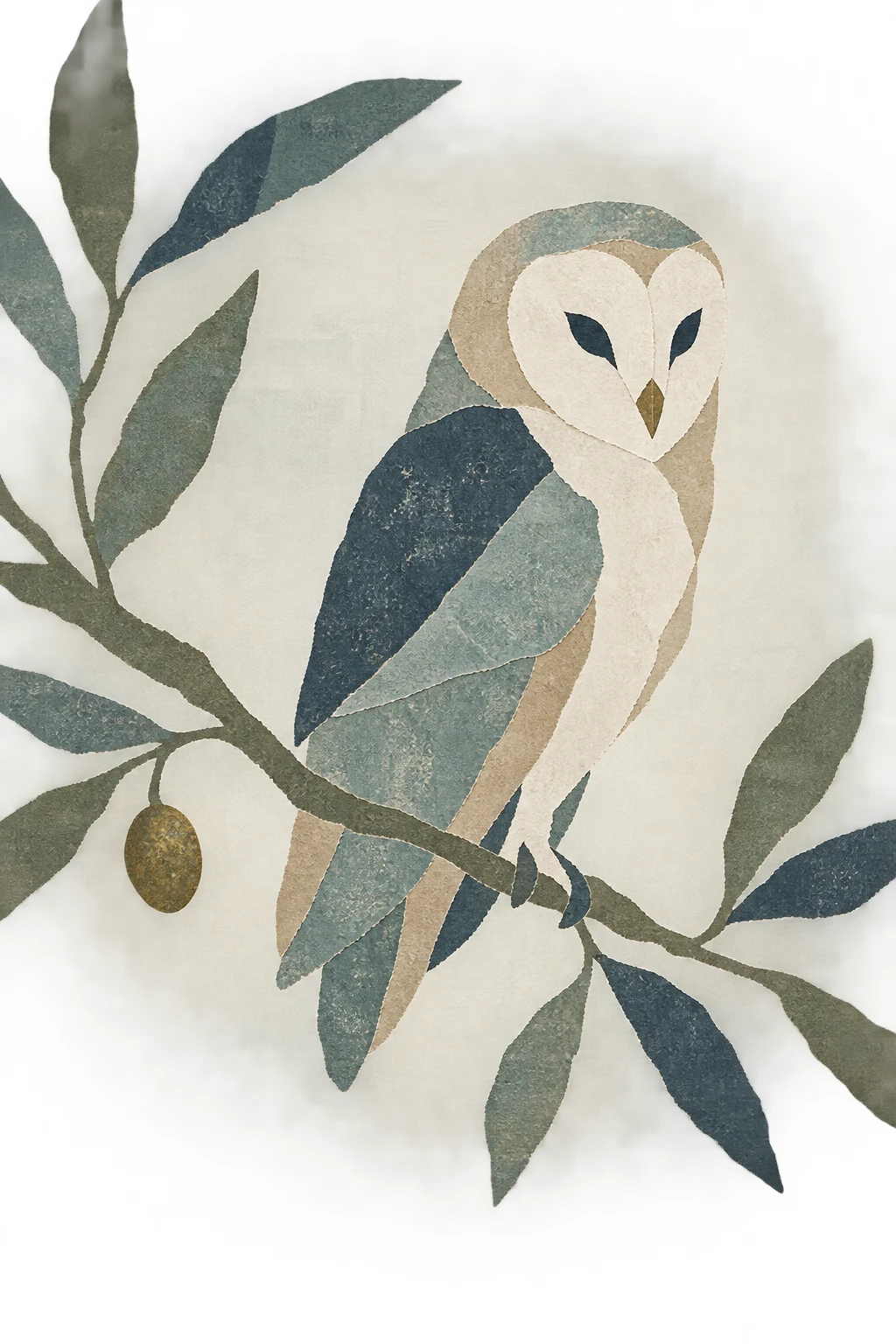 An owl on a branch in cream, white, gray, charcoal; portrait artwork.